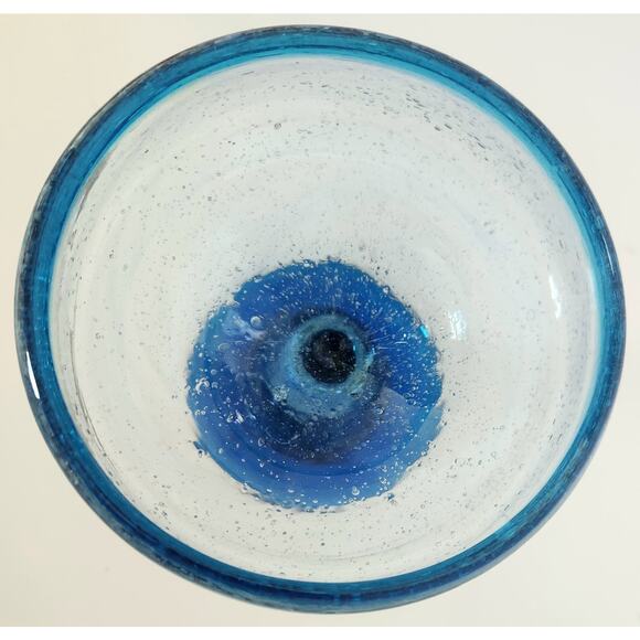 Set 4 Handblown Blue Glass Margarita Goblets Mexico Bubble Rim Vintage Barware - Picture 11 of 12